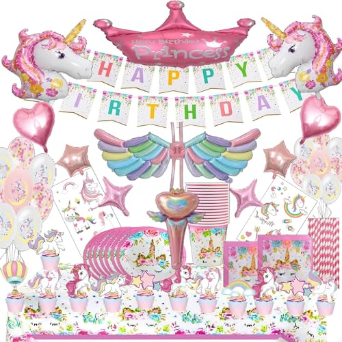 Bemoseng Einhorn Deko Kindergeburtstag, Einhorn Geburtstagsdeko Set für Mädche, Rosa Unicorn Luftballons, Pappteller und Becher Set, Luftballons Haarreif Pappbecher Servietten 16 Gäste