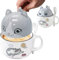 MeYuxg Taza Gato Gris 2 en 1, Linda Taza de Café de Cerámica, Taza Kawaii con Tapa y Cuchara de Café, Taza de Gato 370ml + Tapa 160ml, para Amantes de los Gatos, Regalos de Damas