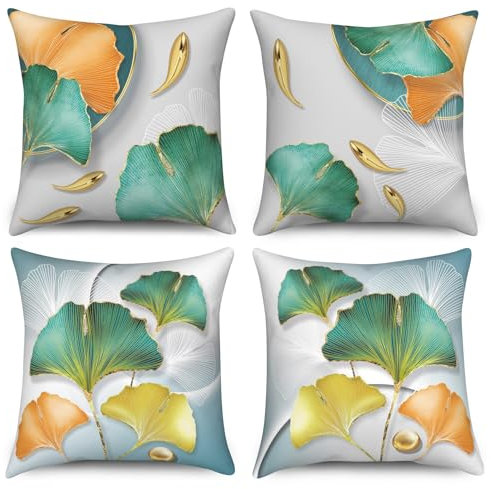 Uiiooazy Kissenbezug Ginkgo, Kissenbezüge Türkis Grün Gold Blätter Muster Quadratisch Kissenhülle Samt Zierkissenbezug für Sofa Couch Schlafzimmer Wohnzimmer Auto Café Zuhause, 4er Set, 30Bx30Hcm