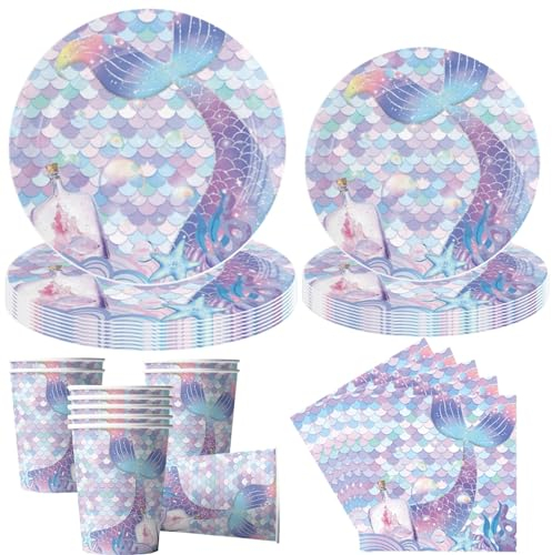 OMZSXK 50 piezas Sirena Vajilla de fiesta para 10 invitados,sirena platos de fiesta Vajilla de cumpleaños sirena Platos de papel Vasos Servilletas