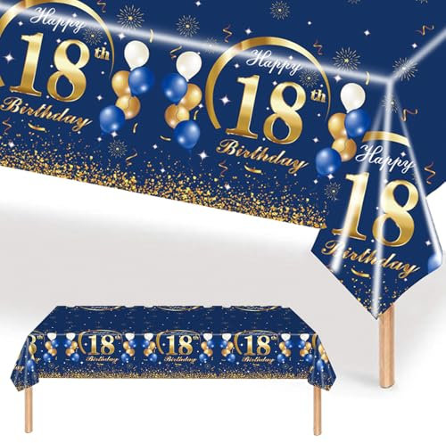 MORAINJAY Mantel de cumpleaños para 18 años, mantel azul marino para fiesta de cumpleaños 18, mantel rectangular impermeable para hombres, mujeres, suministros de fiesta de cumpleaños, decoración de