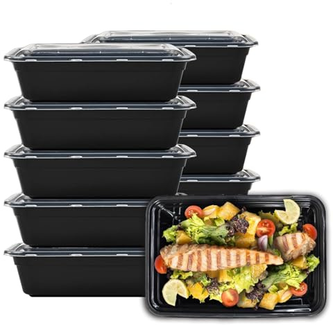 DDSHUN Meal Prep Containers Airtight BPA Free 28oz 10 Pack | With Lids, Reusable, 1 Compartment, Stackable, Black, for Microwave, Freezer & Dishwasher Safe