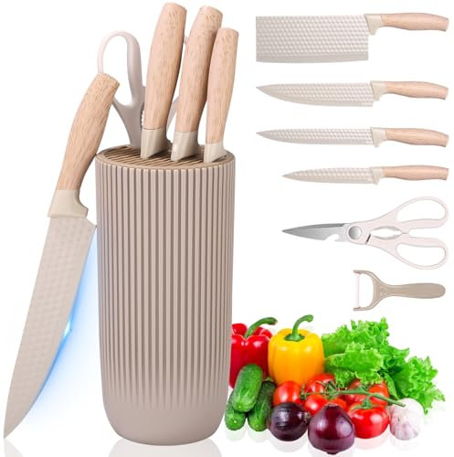 Cuchillos Cocina, 7 Piezas Juego de Cuchillos de Cocina, Cuchillos de Chef Afilados de Acero Inoxidable Antiadherente y Antideslizante, con Asiento, para Casa, Restaurante, Picnic