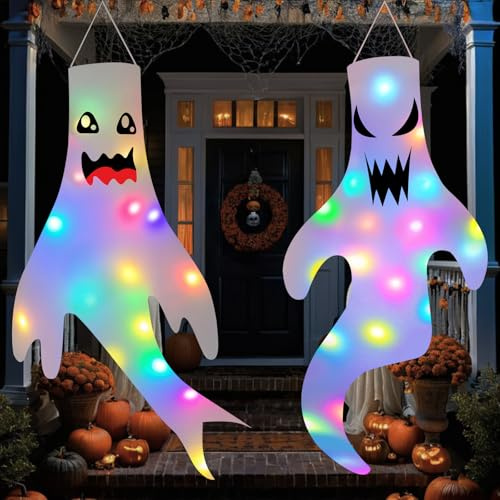 weiclianhp 2 Stück Halloween Deko Outdoor, 120x50cm Hanging Geist Windsack Ghost with LED Lichtern, für Vorgarten, Terrasse, Rasen, Garten, Innen Außen Garten Horror Mottoparty