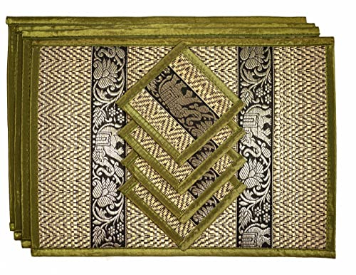 Cccollections Hand-Woven Table Placemats & Coasters Set for Everyday Dining | Thai Style Wicker Placemats Alternative to Plastic Heat Resistant - 4 Pcs