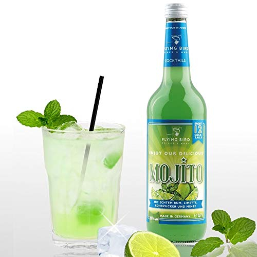 Flying Bird Mojito für 12 trinkfertige Cocktails | 0,7l Flasche 28% vol Fertigmix mit Rum, Minze und Limette