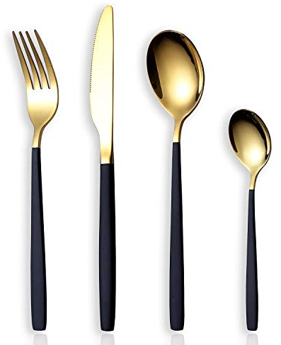 HOMQUEN Juego de Cubiertos de Cubiertos de 24 Piezas, Utensilios de Acero Inoxidable Juego de Servicio para 6, Apto para Lavavajillas (Cuchara Dorada y Mango Negro)