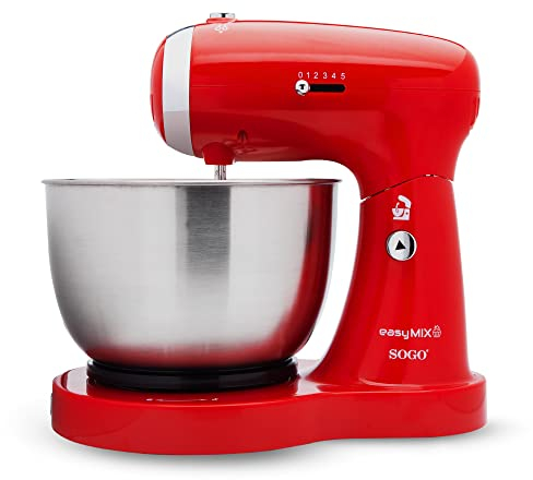 SOGO SS-14506 Küchenmaschine, Mixer und Mixer 3-in-1 mit Drehschüssel, Stäbchen und Haken zum Kneten aus Edelstahl, 5 Geschwindigkeiten, 3,2 Liter (rot)