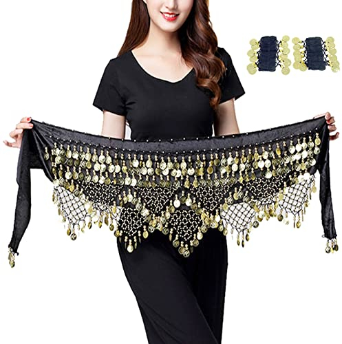 AWOCAN Bauchtanz-Hüftschals für Damen, Chiffon, baumelnd, Bauchtanz, Hüftschal, Wickelrock, Bauchtanz, Taillengürtel mit Münzquaste, 3 Stück, Schwarz , Einheitsgröße