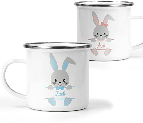 Personalised Easter Bunny Mug with Name, Custom Easter Hot Chocolate Mug, Kids Easter Cup, Easter Gift, Easter Decor, Children's Enamel Mug (Enamel, Pink)