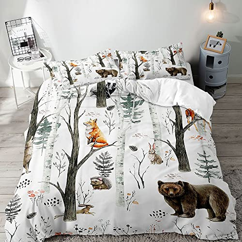 VIVIHOME 2PCS Woodland Forest Animal Duvet Cover Twin Bedding Sets, White Duvet Cover, Toddler Baby Boys Girls Kids Bedding, Bear Deer Fox Wolf Rabbit Rustic Lodge Cabin Comforter Cover, 1 Pillowcase