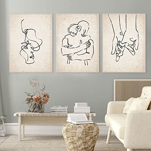 iYoucase Couple Dessin Affiche Imprimer Tenant Mains Ligne Murale Art Au-Dessus Du Lit Toile tableau Peinture Moderne Murale Tableaux Pour Salle De Bains Decoration À La Maison 50x70cmx3 Sans Cadre