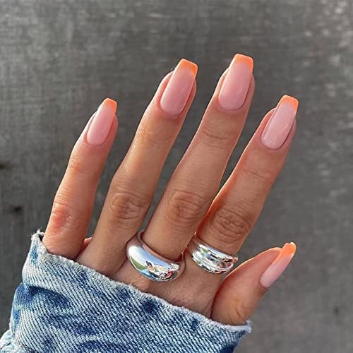 RUNRAYAY 24Pcs Press on Nails Medium, Orange Fake Nails Amande Colle sur Ongles, Faux Ongles Acrylique Ongles pour Femmes et Filles