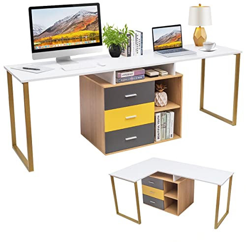 COSTWAY Computer Desk for Two Person, 2 in 1 Double Writing Study Workstation with 3 Storage Drawers and Shelves, L-Shaped Desk Home Office Laptop Table, 220x55x76cm