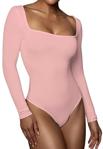 RoomTour Body per donna con scollatura squadrata a maniche lunghe Tops Body donna infradito per donna Rosa XXL
