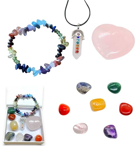 Steinfixx® - Chakra Set I Chakra Set Selbstheilung - 11 teilig mit Hexagon, Armband und Herz in Geschenkbox - mit 14 seitigem Ebook als Anleitung