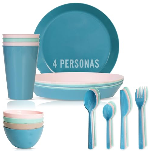 Mypicompany Vasos Plastico Duro y Platos Plastico Duro Reutilizables. Platos y Vasos para Cumpleaños. Vajilla Camping. Camping Accesorios. (4PLATOS+4VASOS+4CUB+4CUENCOS)