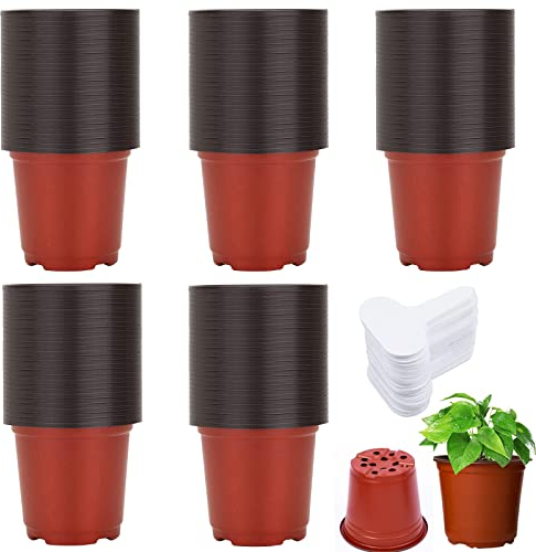 100 Pièces Plastique Pots de Fleurs en Plastique, Pots de Fleurs 10 CM avec 100 PCS Plantes Tags Pots de Semis Réutilisables Pots de Fleurs Ronds pour la Plantation Intérieure et Extérieure
