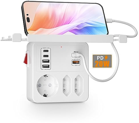 PD20W Steckdose mit Schalter, 3-Fach Mehrfachsteckdose mit Schnellladung PD3.0 20W und QC3.0 18W,Steckdosenadapter mit Handyablage Doppelstecker für Steckdose USB C Ladegerät Wandmontage, Weiß