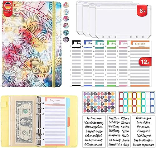 Budget Planner Deutsch,A6 PU Leder Budget Binder Cash Stuffing,Geld Organizer Sparen Mappe Einschließlich 12 Budgetplaner,12 Klaren Geldumschlägen,14 Monatliche Planer,60 Haftnotizen (Typ 6)