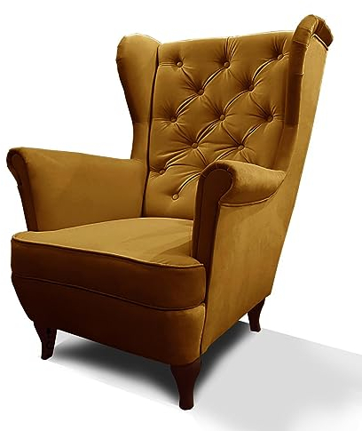 Mars Meble Ohrensessel aus Velours, Sessel mit Holzbeine, Wohnzimmersessel mit Wellenfedern, Elegant und Bequem (Stoff: Kronos 01 - senfgelb)