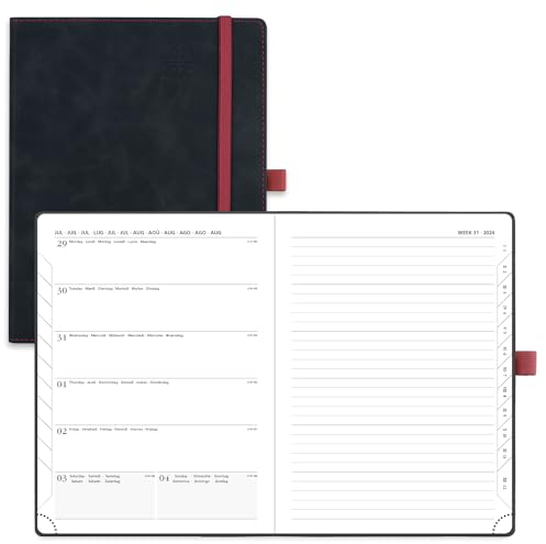 POPRUN Kalender 2025 Buchkalender A5 Notizbuch (Aug.2024-Dez.2025), ca. A5 (22 x 16,5 cm), Terminplaner, Wochenplaner 2025 Softcover mit PU-Leder, Zertifiziertem Papier - Schwarz