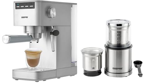 GEEPAS 1450W Espresso & Cappuccino Coffee Machine & 200W Coffee Grinder Combo Set | Milk Frother, 1.4L Water Tank | Electric Wet & Dry Food Processor Mill for Spice Nuts Chutney, 75g Detachable Bowl