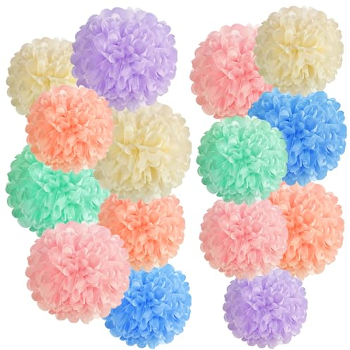 EASY JOY 15 Stück Pastell Seidenpapier Pompons Deko,Zum Aufhängen Geburtstagsdeko Pastell,Deko Ostereier Pastell für Hochzeit Geburtstagsdeko Tischdeko Baby Shower Frühling Sommer Deko