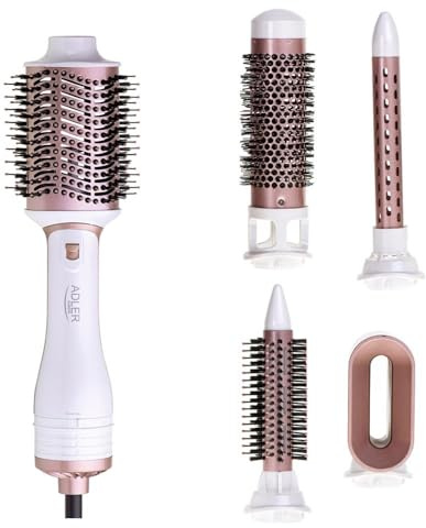 Adler AD 2027 5-in-1 Lockenstab, 2x Rundbürsten, 1x große Bürste, 1x Haartrockneraufsatz, 2 Stufen der Temperatureinstellung, Überhitzungsschutz, Drehbares 1,8 M Kabel, Perlweiß/Roségold