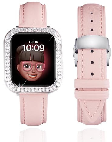 BINLUN Leather Strap Compatible with Apple Watch 45mm 44mm 41mm 40mm Women Leather Band with Glitter Diamond Rhinestone Case Compatible with iWatch Series 9/8/7/SE2/SE/6/5/4(45mm, Pink)