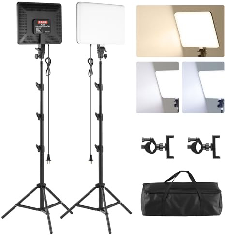 2-Pack LED Video Light Kit, 14 Studio Lights with Stand & Phone Holder | 50W LED Panels with 2700K-6500K Adjustable Color, 448 LEDs and CRI 80+ Provide Soft Lighting for Studio & Content Creation