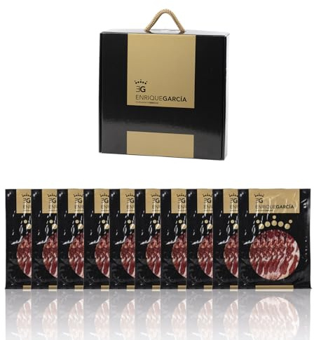 ENRIQUE GARCÍA - Jamón de Bellota Ibérico 75% Raza Ibérica, 10 Sobres Envasados al Vacío de 100 g Aprox. Acabado plástico. Caja regalo de cartón. Corte a máquina.