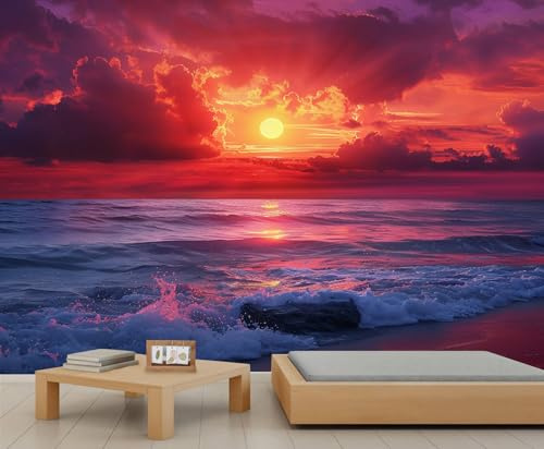 Beach Sunset Wall Mural Ocean Waves Coastal Wallpaper Red Sunset Sky Mural 3D Ocean Photo Wallpaper Hd Printing Landscape Murals for Living Room Bedroom 350 x 256 cm