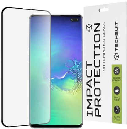 Techsuit Displayschutzfolie für Samsung Galaxy S10 Plus Gehärtetes Glas mit 9H Härte, Vollständige Abdeckung, 3D Gebogene Kante, Stoßschutz, Oleophobe Beschichtung, Anti Fingerabdruck, 111D Full Glue