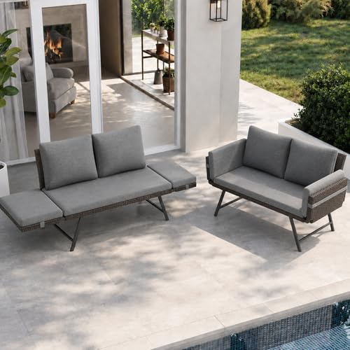 Fiutazge Rattan Gartenmöbel Set 2 Gartenbett,Outdoor Lounge mit Verstellbarer Armlehne,Kissen,Sitzbank mit Schlaffunktion,Gartensofa,Gartenliege als Daybed Outdoor Bett für Balkon Terrasse-Grau