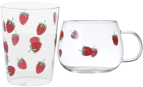IMIKEYA 2 Pièces Mug à Café en Verre Motif Fraise, Design Créatif et Facile à Nettoyer, pour Boissons Froides, Tasse Multifonction Élégante et Originale