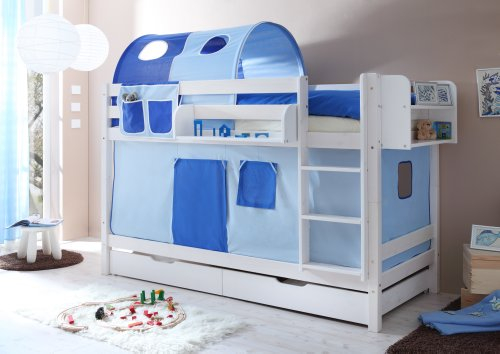 Etagenbett Doppelbett Marcel Kiefer massiv Weiss, Vorhangstoff:Hellblau Dunkelblau