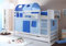 Etagenbett Doppelbett Marcel Kiefer massiv Weiss, Vorhangstoff:Hellblau Dunkelblau