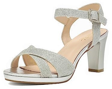 DREAM PAIRS Women’s Open Toe Ankle Strap Sparkly Strappy Chunky Heel Pump Sandals,Size 7,SILVER/GLITTER,ICE-1