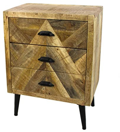 DARO DEKO Mango Holz Möbel Natur Nacht-Schrank mit 3 Schubladen 45 x 61cm
