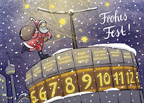 Weihnachtskarte Berlin Alexanderplatz Weltzeituhr mit Weihnachtsmann