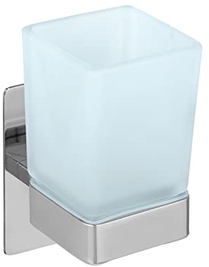 WENKO Turbo-Loc® Zahnputzbecher Genova Shine, Wandhalter mit Becher zum Befestigen ohne Bohren mit Klebepad-System, Halter aus Edelstahl, Becher aus satiniertem Glas, 6,2 x 13,2 x 9 cm, Glänzend