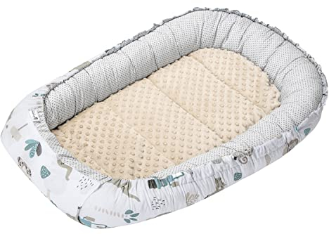 Medi Partners Babynest Nestchen für Neugeborene - 100x60x15 Babynestchen Baby zweiseitg Nest Bett 100% Baumwolle Minky Kuschelnest tragbar (Mint Zoo mit beige Minky)