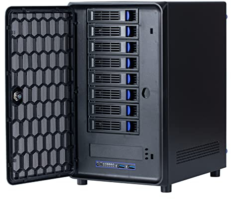 KCMconmey Alloggiamento NAS DIY 8 + 2 alloggiamenti + 2 alloggiamenti interni MB ITX. PSU Flex. Ventilatore a telaio anteriore USB 3.0 8 cm Hot Swap Backplane. Storage in rete
