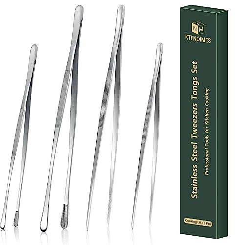 KTFNOMES 4 Pcs Kitchen Cooking tongs,12 & 10 Stainless Steel Kitchen tongs Set,Professional Food Tweezers for Cooking,Repairing,Seafood,BBQ