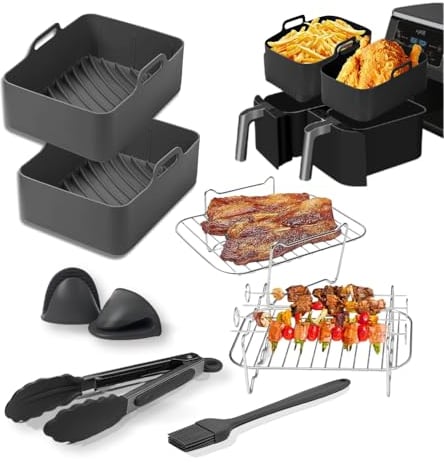 8pcs Upgraded Air Fryer Accessories AF400UK, Accessories for Ninja AF451UK, Ninja Air Fryer Liners Silicone, Ninja Air Fryer Rack | Designed for Ninja Dual Air Fryer 9.5L Ninja Foodi Max - Black
