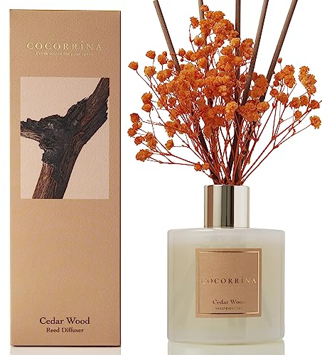 Cocorrína Raumduft Reed Diffuser mit 8 Duftstäbchen 200ml- Zedernholz, Natürlich, Langanhaltend, Home Duft ätherisches Öl Reed Diffusor für Badezimmer Regal Dekoration