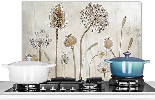 KitchenYeah© Pannello Paraschizzi Cucina Alluminio 60x40 cm Para Schizzi per Piano Cottura Parete Cucine Fiori - Acquerello - Natura morta - Marrone - Vintage