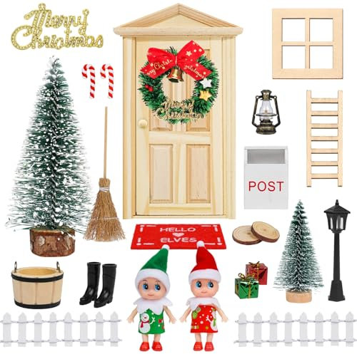 Porta Elfo Natale, 23 pezzi Casetta Elfo di Natale, Miniatura per La Porta di Babbo Natale Segreto con Cassette Postali in Miniatura, Recinto, Scala, Stivali, Ghirlanda, Set per la Porta Delle Fate