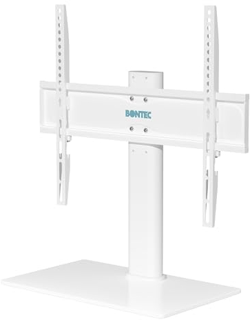 BONTEC Universal TV Stand for 24–60 Inch LCD LED OLED Plasma TVs, Height Adjustable Table Top Pedestal with Bracket, 8mm Tempered Glass Base, 45kg Load, Max VESA 400x400mm, Cable Management, White